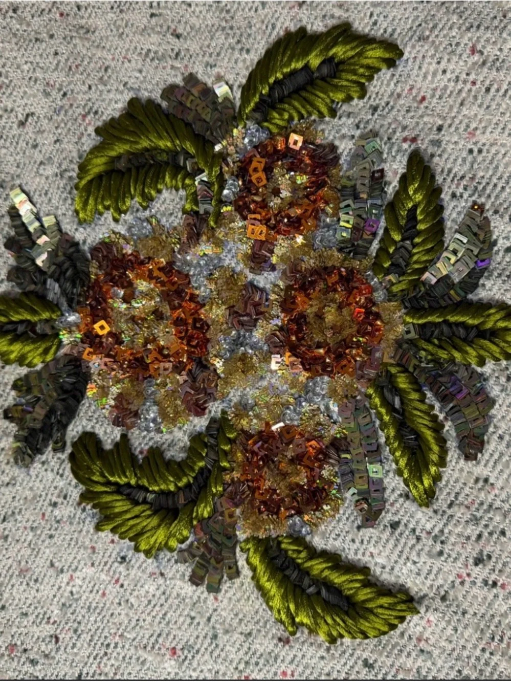 Vtg handmade Embellished Floral pillow cover in Ivory with Green Accents tweed